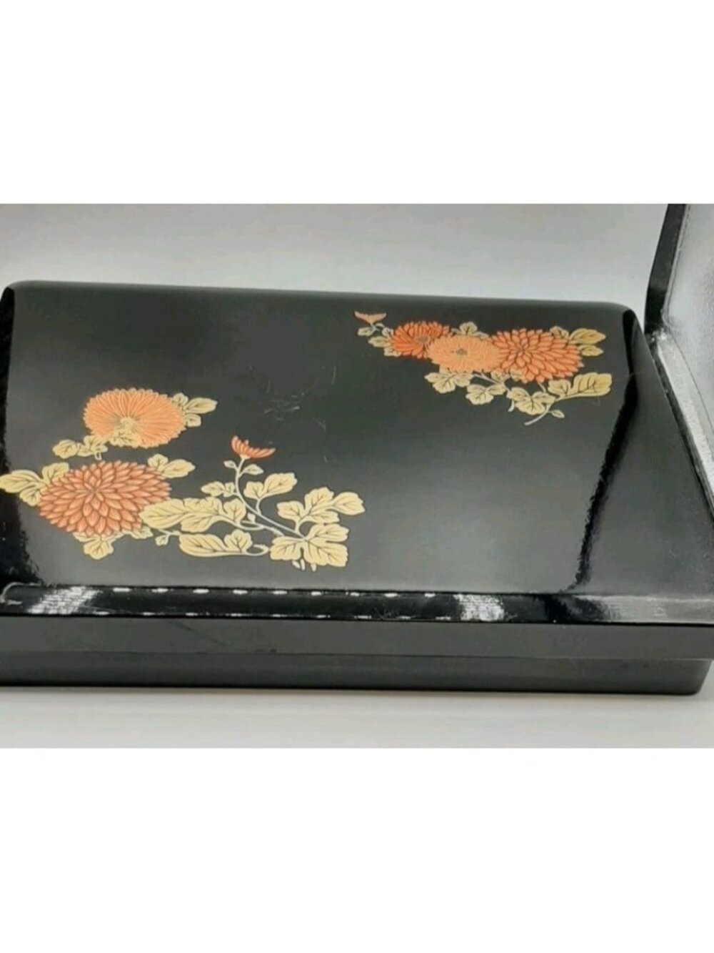 Vintage Japanese Style Lacquer Lidded Wooden Box Keepsake Document Floral Case